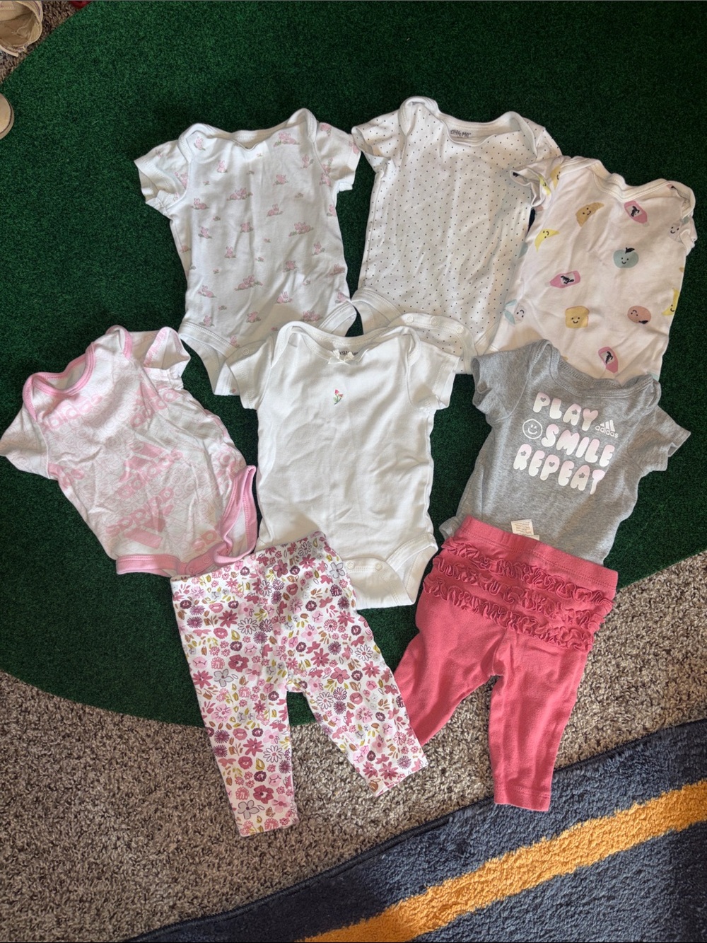 adidas Gray "Play Smile Repeat" Baby Bodysuit with Assorted Pink & White Onesies